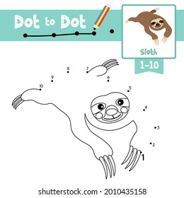 Dot to dot educational game and Coloring book of Lying Sloth animals cartoon for preschool kids activity about learning counting number 1-10 and handwriting practice worksheet. Vector Illustration.