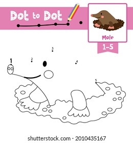 Dot to dot educational game and Coloring book of Mole animals cartoon character for preschool kids activity about learning counting number 1-5 and handwriting practice worksheet. Vector Illustration.