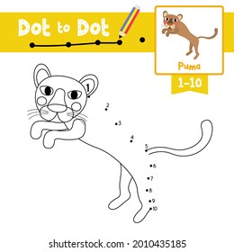 Dot to dot educational game and Coloring book of Jumping Puma animals cartoon for preschool kids activity about learning counting number 1-10 and handwriting practice worksheet. Vector Illustration.