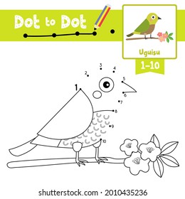 Dot to dot educational game and Coloring book of Uguisu bird animals cartoon for preschool kids activity about learning counting number 1-10 and handwriting practice worksheet. Vector Illustration.