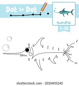 Dot to dot educational game and Coloring book of Swordfish animals cartoon for preschool kids activity about learning counting number 1-20 and handwriting practice worksheet. Vector Illustration.