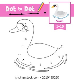 Dot to dot educational game and Coloring book of Swan animals cartoon character for preschool kids activity about learning counting number 1-10 and handwriting practice worksheet. Vector Illustration.