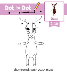 Dot to dot educational game and Coloring book of Okapi animals cartoon character for preschool kids activity about learning counting number 1-10 and handwriting practice worksheet. Vector Illustration