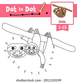 Dot to dot educational game and Coloring book of Sloth animals cartoon character for preschool kids activity about learning counting number 1-15 and handwriting practice worksheet Vector Illustration.