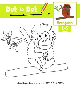 Dot to dot educational game and Coloring book of Orangutan animals cartoon for preschool kids activity about learning counting number 1-5 and handwriting practice worksheet. Vector Illustration.