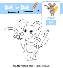 Dot to dot educational game and Coloring book of Mouse animals cartoon character for preschool kids activity about learning counting number 1-5 and handwriting practice worksheet. Vector Illustration.