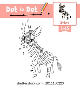 Dot to dot educational game and Coloring book of Zebra animals cartoon character for preschool kids activity about learning counting number 1-15 and handwriting practice worksheet Vector Illustration.