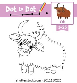 Juego educativo punto a punto y libro de colorear del personaje de dibujos animados de los animales Yak para niños preescolares actividad sobre el aprendizaje número 1-25 y la hoja de trabajo de práctica de escritura a mano. Ilustración vectorial.