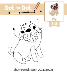 Dot to dot education game and Coloring book of Sitting Pug Hunde Cartoon für Vorschulkinder Aktivität über das Zählen von Nummer 1-5 und Handschrift-Übungsblatt. Vektorgrafik.