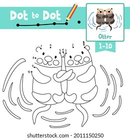 Dot to dot educational game and Coloring book of Otter animals cartoon character for preschool kids activity about learning counting number 1-10 and handwriting practice worksheet. Vector Illustration