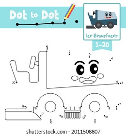 Dot to dot educational game and Coloring book of Ice Resurfacer cartoon transportations for preschool kids activity about counting number 1-20 and handwriting practice worksheet. Vector Illustration.