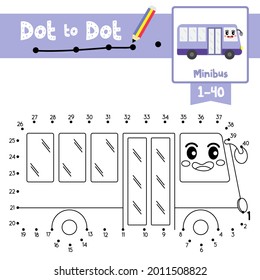 Dot to dot educational game and Coloring book of cute Minibus cartoon transportations for preschool kids activity about counting number 1-40 and handwriting practice worksheet. Vector Illustration.