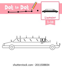 Dot to dot educational game and Coloring book of cute Limousine cartoon transportations for preschool kids activity about counting number 1-10 and handwriting practice worksheet. Vector Illustration.