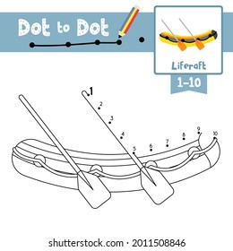 Juego educativo punto a punto y libro de Coloring de transporte de dibujos animados lindos de Liferaft para niños preescolares actividad sobre el conteo número 1-10 y la hoja de trabajo de práctica de escritura a mano. Ilustración vectorial.