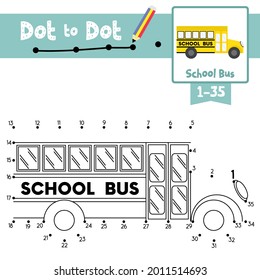 Dot to dot educational game and Coloring book of cute School Bus cartoon transportations for preschool kids activity about counting number 1-35 and handwriting practice worksheet. Vector Illustration.