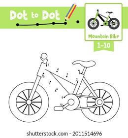 Dot to dot educational game and Coloring book of Mountain Bike cartoon transportations for preschool kids activity about counting number 1-10 and handwriting practice worksheet. Vector Illustration.