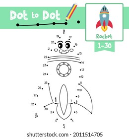 Juego educativo punto a punto y libro de Coloring de transporte de dibujos animados lindo Rocket para niños preescolares actividad sobre el recuento número 1-30 y la hoja de trabajo de práctica de escritura a mano. Ilustración vectorial.