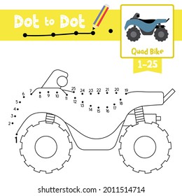 Dot to dot educational game and Coloring book of cute Quad Bike cartoon transportations for preschool kids activity about counting number 1-25 and handwriting practice worksheet. Vector Illustration.