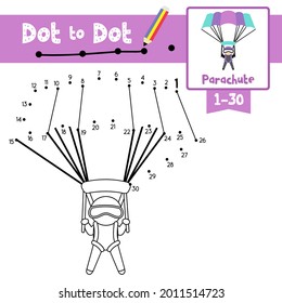 Dot to dot educational game and Coloring book of cute Parachute cartoon transportations for preschool kids activity about counting number 1-30 and handwriting practice worksheet. Vector Illustration.