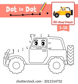 Dot to dot educational game and Coloring book of Off-Road Vehicle cartoon transportations for preschool kids activity about counting number 1-10 and handwriting practice worksheet. Vector Illustration