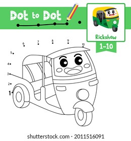 Dot to dot educational game and Coloring book of Auto Rickshaw cartoon transportations for kids activity about counting number 1-10 and handwriting practice worksheet. Vector Illustration.