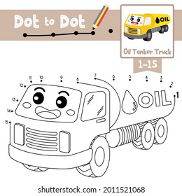 Dot to dot educational game and Coloring book of Oil Tanker Truck cartoon transportations for kids activity about counting number 1-15 and handwriting practice worksheet. Vector Illustration.