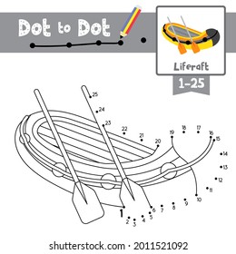 Dot to dot educational game and Coloring book of Liferaft cartoon transportations for kids activity about counting number 1-25 and handwriting practice worksheet. Vector Illustration.