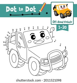 Dot to dot educational game and Coloring book of Off-Road Vehicle cartoon transportations for kids activity about counting number 1-20 and handwriting practice worksheet. Vector Illustration.