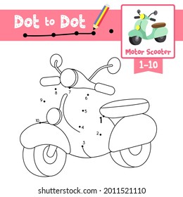 Dot to dot educational game and Coloring book of Motor Scooter cartoon transportations for kids activity about counting number 1-10 and handwriting practice worksheet. Vector Illustration.