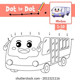 Juego educativo punto a punto y libro de colorear de transporte de dibujos animados Minibus para los niños actividad sobre el recuento número 1-10 y la hoja de trabajo de práctica de escritura a mano. Ilustración vectorial.