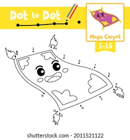 Juego educativo punto a punto y libro de Coloring de transporte de dibujos animados Magic Carpet para los niños actividad sobre el conteo número 1-15 y la hoja de trabajo de práctica de escritura a mano. Ilustración vectorial.