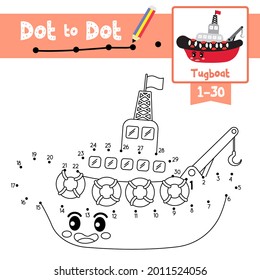 Dot to dot educational game   Coloring book cute Tugboat cartoon transportations for preschool kids activity about counting number 1  30   handwriting practice worksheet  Vector Illustration 