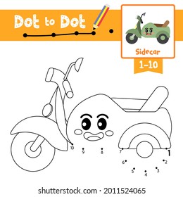 Dot to dot educational game and Coloring book of cute Sidecar cartoon transportations for preschool kids activity about counting number 1-10 and handwriting practice worksheet. Vector Illustration.