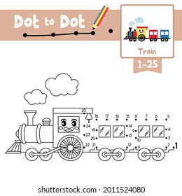 Dot to dot educational game and Coloring book of cute Train cartoon transportations for preschool kids activity about counting number 1-25 and handwriting practice worksheet. Vector Illustration.