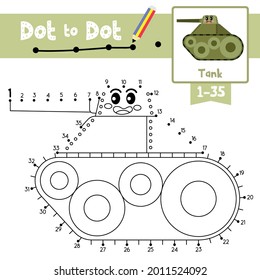 Juego educativo punto a punto y libro de Coloring de transporte lindo de dibujos animados de Tank para niños preescolares actividad sobre el conteo número 1-35 y la hoja de trabajo de práctica de escritura a mano. Ilustración vectorial.