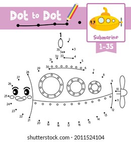 Dot to dot educational game and Coloring book of cute Submarine cartoon transportations for preschool kids activity about counting number 1-35 and handwriting practice worksheet. Vector Illustration.