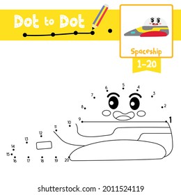 Dot to dot educational game and Coloring book of cute Spaceship cartoon transportations for preschool kids activity about counting number 1-20 and handwriting practice worksheet. Vector Illustration.
