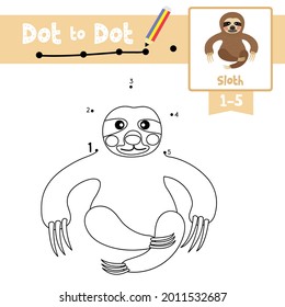 Dot to dot educational game and Coloring book of Sitting Sloth animals cartoon for preschool kids activity about learning counting number 1-5 and handwriting practice worksheet. Vector Illustration.