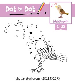 Dot to dot educational game and Coloring book of Nightingale bird animals cartoon for preschool kids activity about learning counting number 1-20 and handwriting practice worksheet Vector Illustration