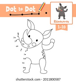 Dot to dot educational game and Coloring book of Rhinoceros animals cartoon for preschool kids activity about learning counting number 1-10 and handwriting practice worksheet. Vector Illustration.