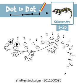 Juego educativo punto a punto y libro de colorear de animales Salamander caricatura para niños preescolares actividad sobre el aprendizaje número 1-20 y la hoja de trabajo de práctica de escritura a mano. Ilustración vectorial.