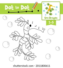 Dot to dot educational game and Coloring book of Sea Dragon animals cartoon for preschool kids activity about learning counting number 1-5 and handwriting practice worksheet. Vector Illustration.