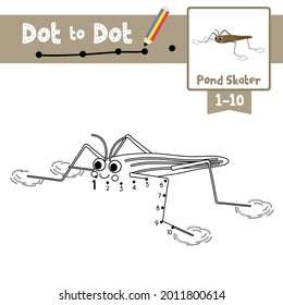 Dot to dot educational game and Coloring book of Pond Skater animals cartoon  for preschool kids activity about learning counting number 1-10 and handwriting practice worksheet. Vector Illustration.