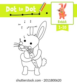 Dot to dot educational game and Coloring book of Pink Rabbit animals cartoon for preschool kids activity about learning counting number 1-10 and handwriting practice worksheet. Vector Illustration.