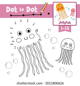 Dot to dot educational game and Coloring book of Jellyfish animals cartoon for preschool kids activity about learning counting number 1-15 and handwriting practice worksheet. Vector Illustration.