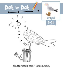 Dot to dot educational game and Coloring book of Seagull animals cartoon for preschool kids activity about learning counting number 1-15 and handwriting practice worksheet. Vector Illustration.
