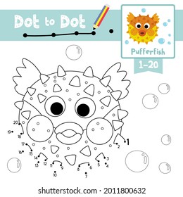 Dot to dot educational game and Coloring book of Pufferfish animals cartoon for preschool kids activity about learning counting number 1-20 and handwriting practice worksheet. Vector Illustration.