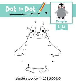 Dot to dot educational game and Coloring book of Penguin animals cartoon for preschool kids activity about learning counting number 1-15 and handwriting practice worksheet. Vector Illustration.