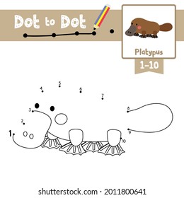 Dot to dot educational game and Coloring book of Platypus animals cartoon for preschool kids activity about learning counting number 1-10 and handwriting practice worksheet. Vector Illustration.