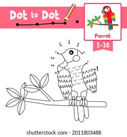 Dot to dot educational game and Coloring book of Red Parrot bird  animals cartoon for preschool kids activity about counting number 1-10 and handwriting practice worksheet. Vector Illustration.